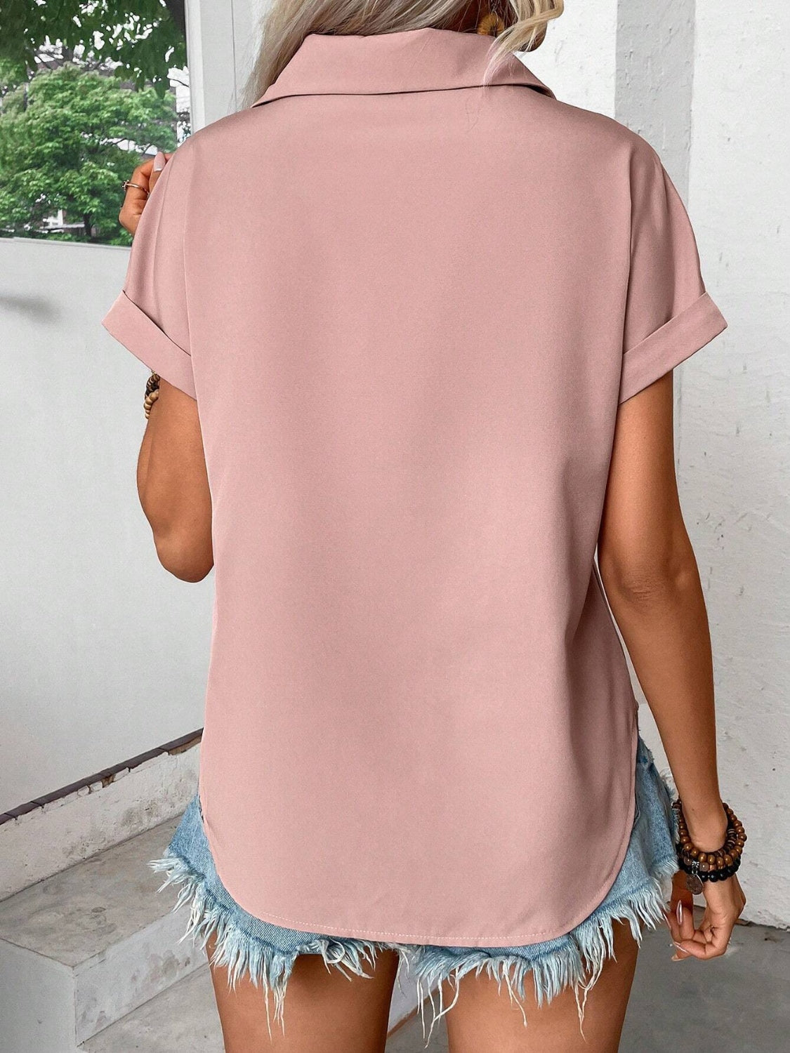 Blueberi B Women’s Pleated Detail Collared Neck Short Sleeve Shirt Polyester Size S-2XL