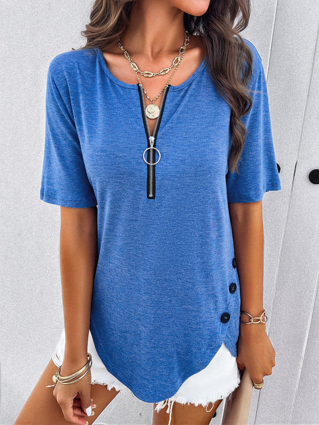 Blueberi B Women's Half Zip Half Sleeve T-Shirt Polyester Viscose Elastane Size S-XL