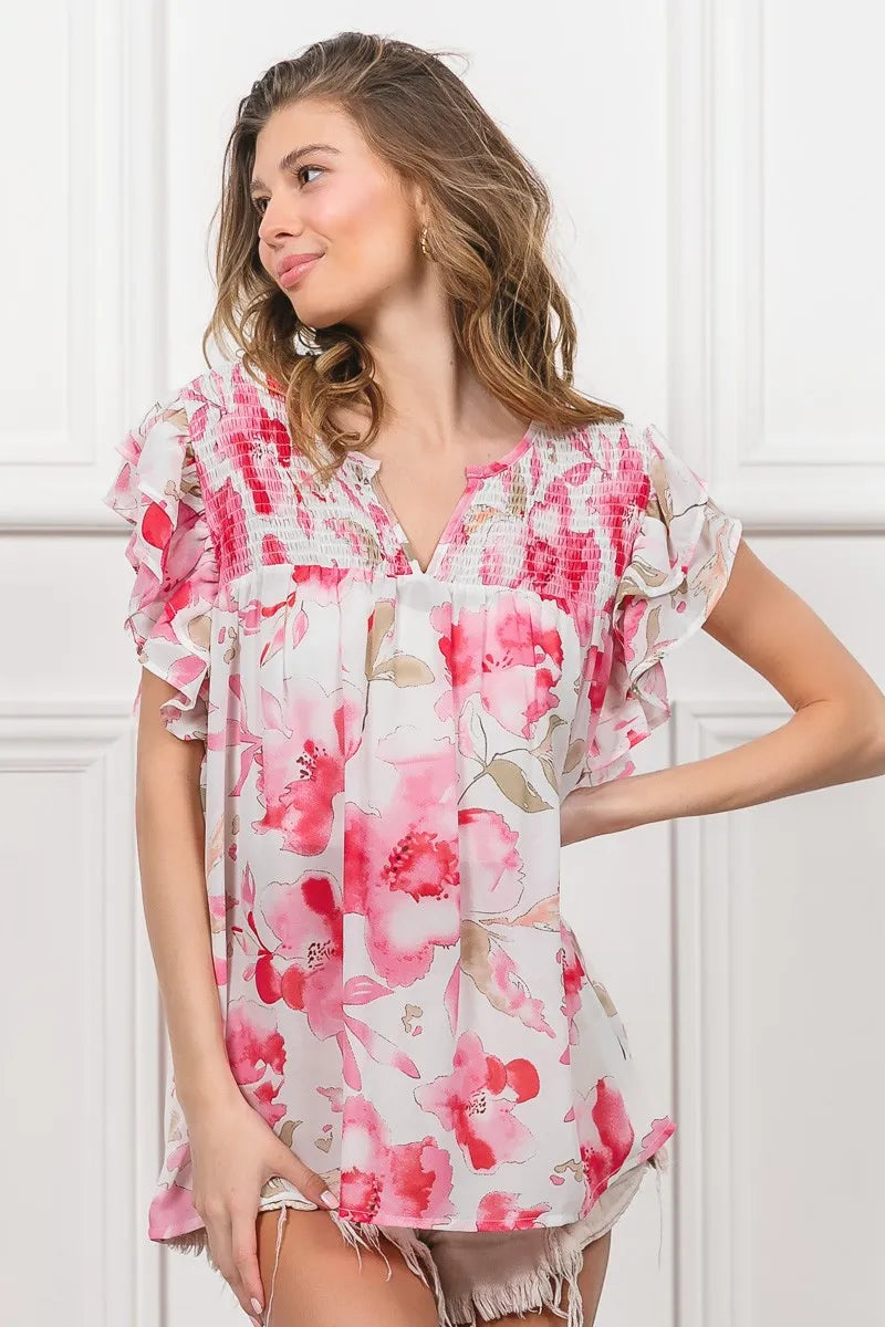 BiBi Women’s Floral Print Short Flutter Sleeve Sheer Top Polyester Cotton S-XL