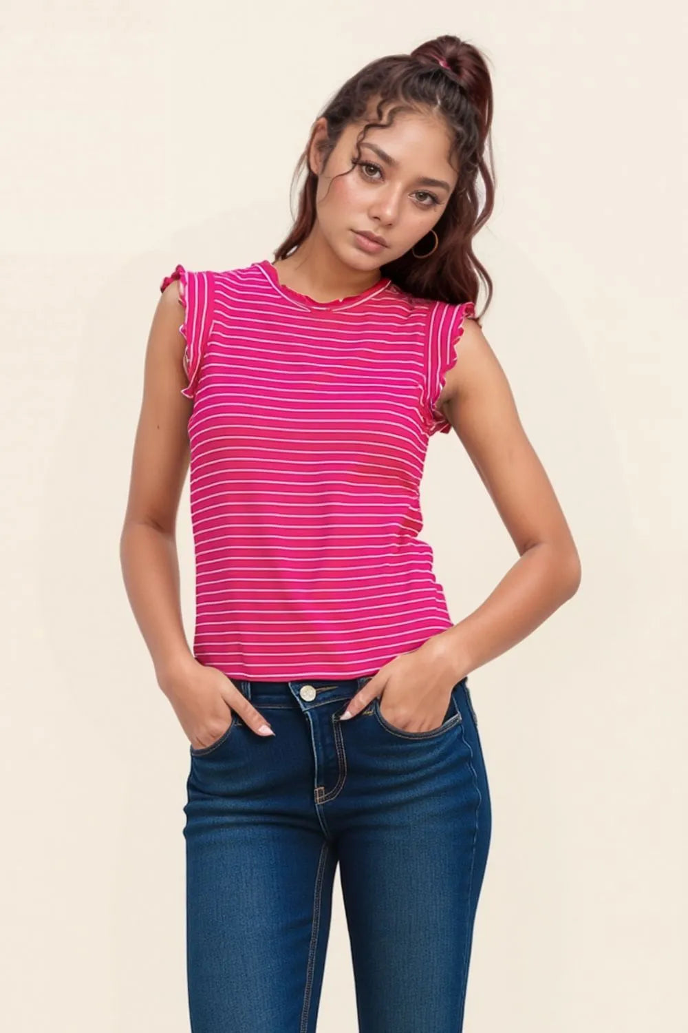 Zenana Women’s Ribbed Ruffle Trim Sleeveless Stripe Top Rayon Polyester Spandex Size S-L