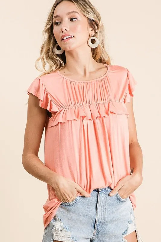 BiBi  Women’s Jersey Knit Short Sleeve Gathered Top with Ruffles Polyester S-XL
