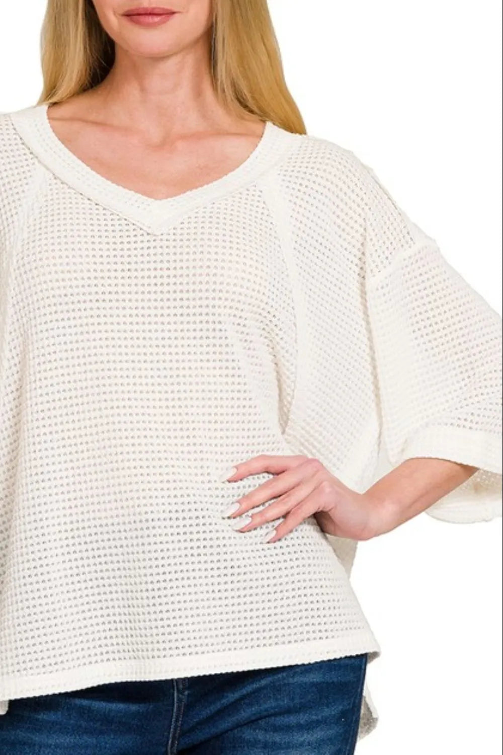Zenana Women’s Brushed Waffle Exposed-seam 3/4 Sleeve Top Polyester Rayon Spandex Size S/M L/XL
