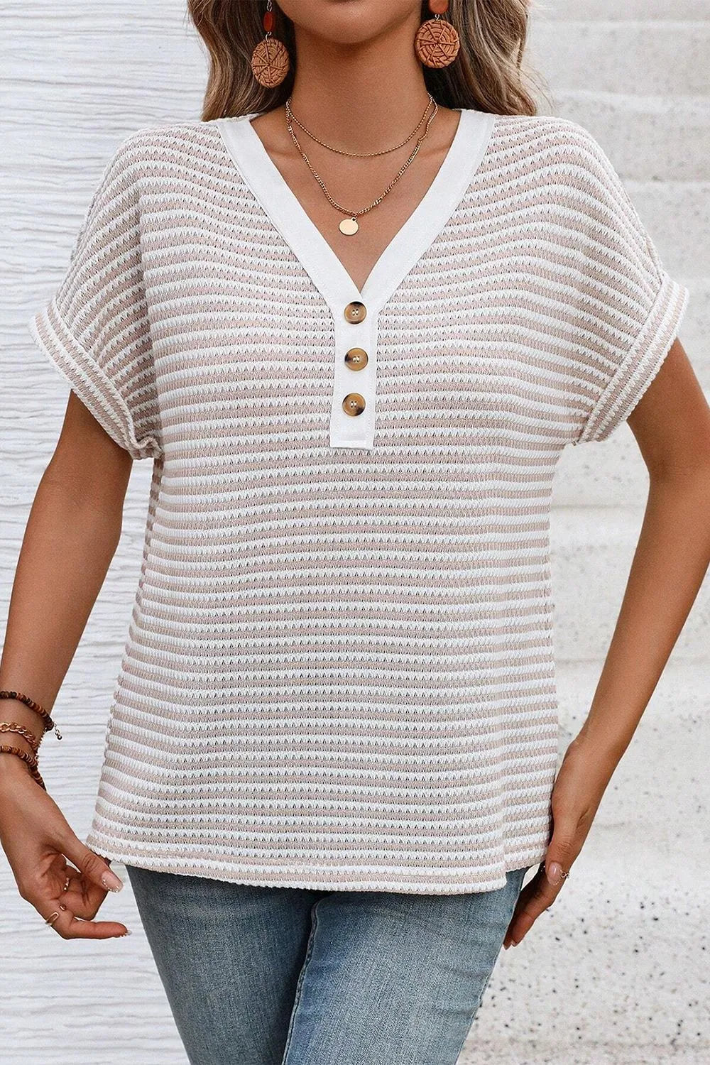 Blueberi B Women’s Stripe Buttoned Front V Neck T Shirt Polyester Elastane Size S-XL