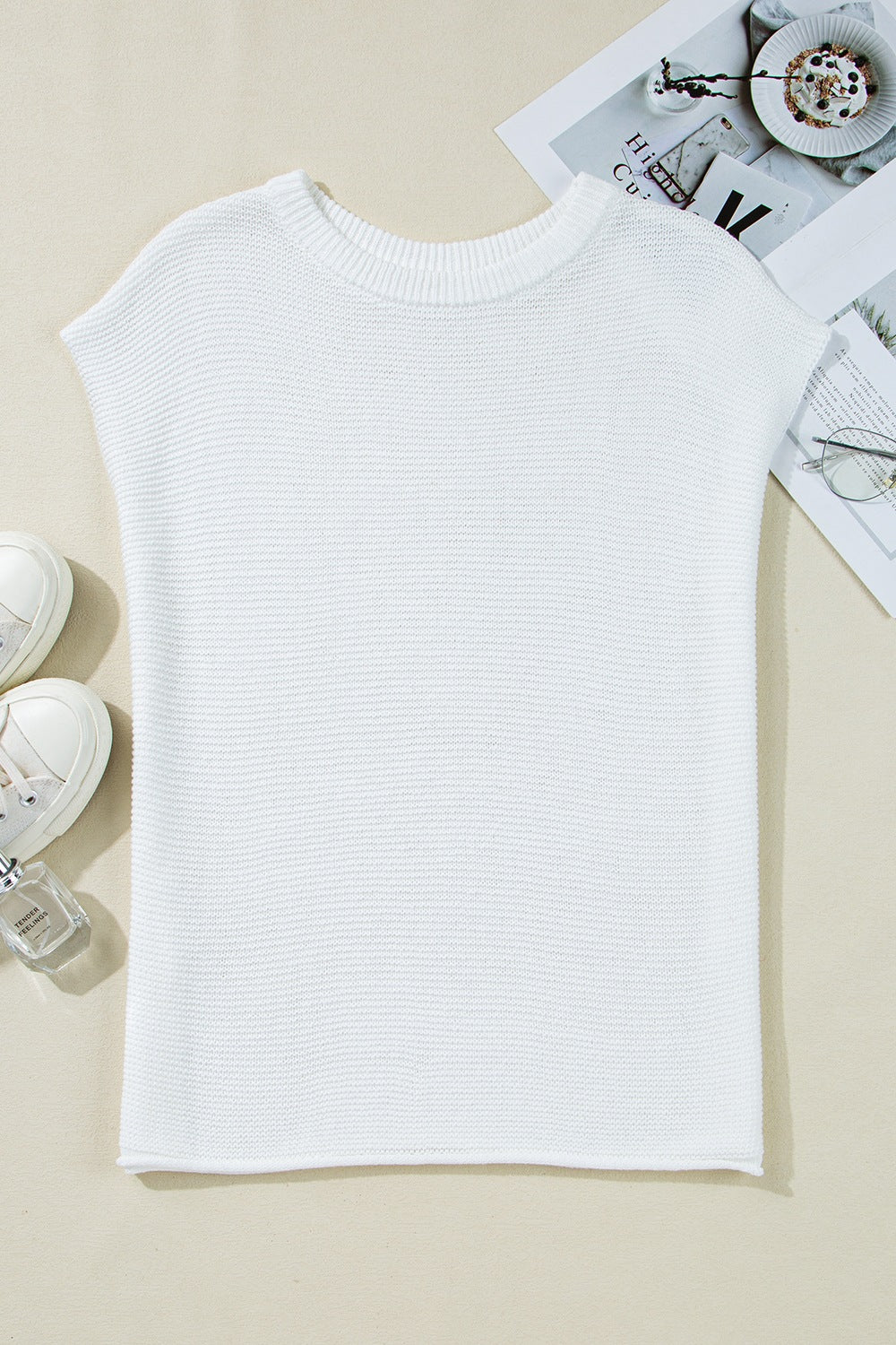 Blueberi B Women’s Short Sleeve Side Slit Round Neck Knit Top Acrylic Size S-XL