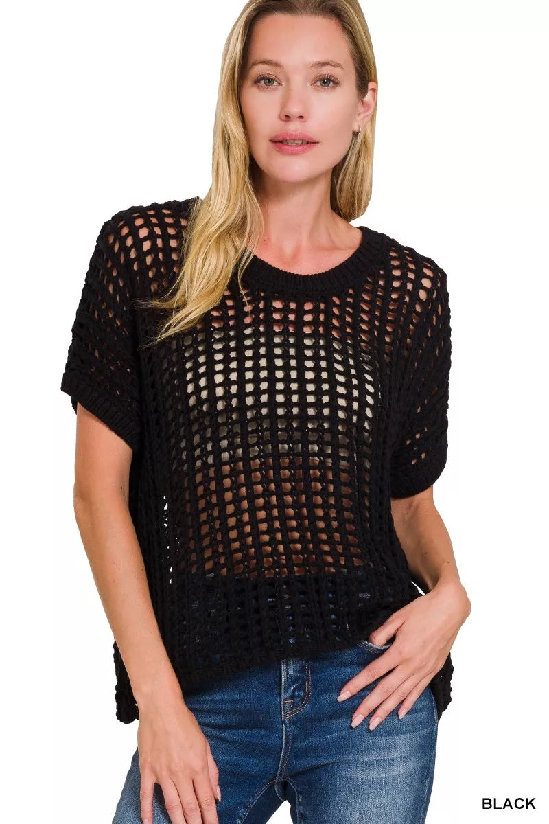 Zenana Fish Net Short Sleeve Crochet Knit Cover Up Cotton Sizes S/M L/XL
