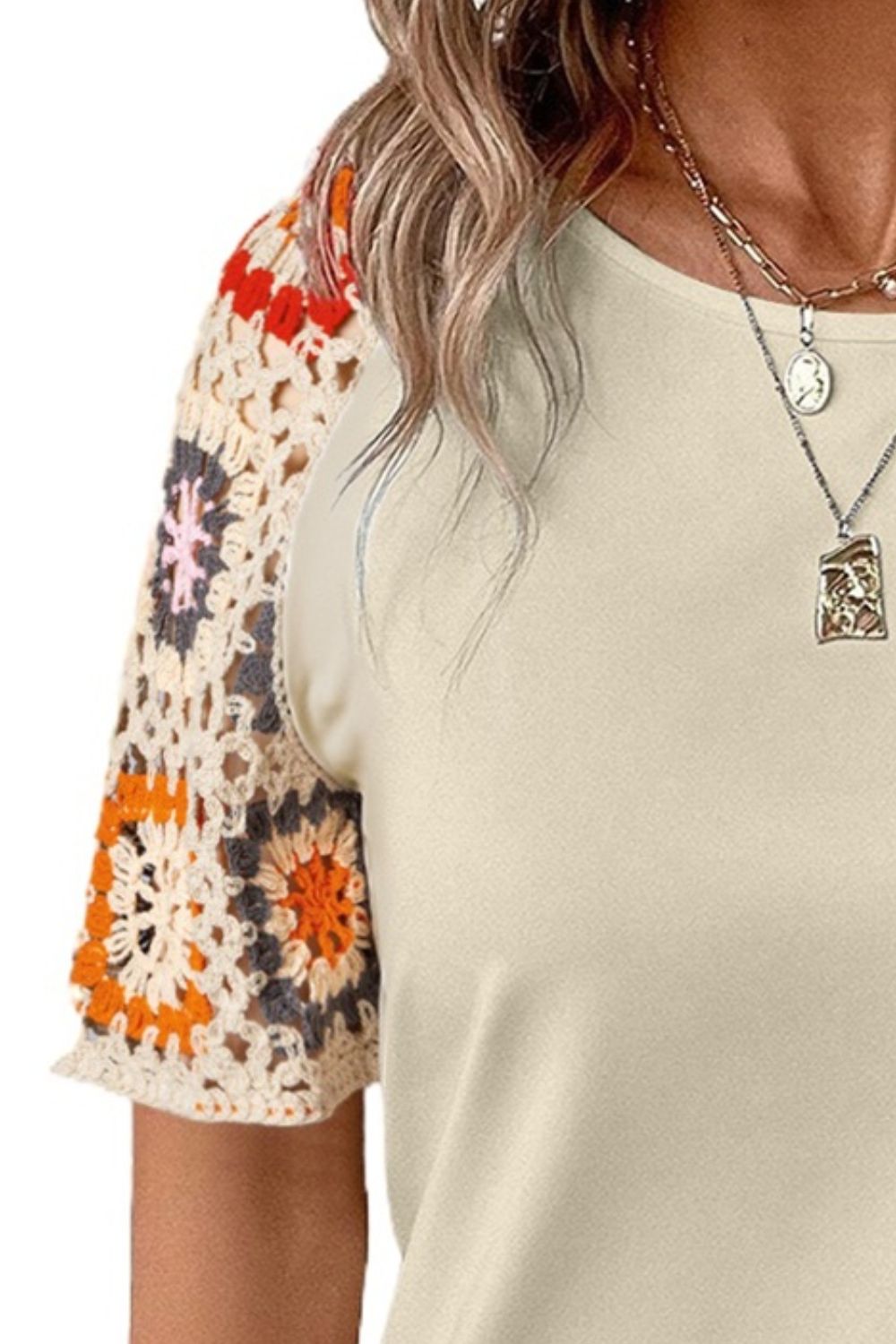 Blueberi B Women's Geometric Round Neck Short Sleeve Blouse Polyester Elastane Size S-XL