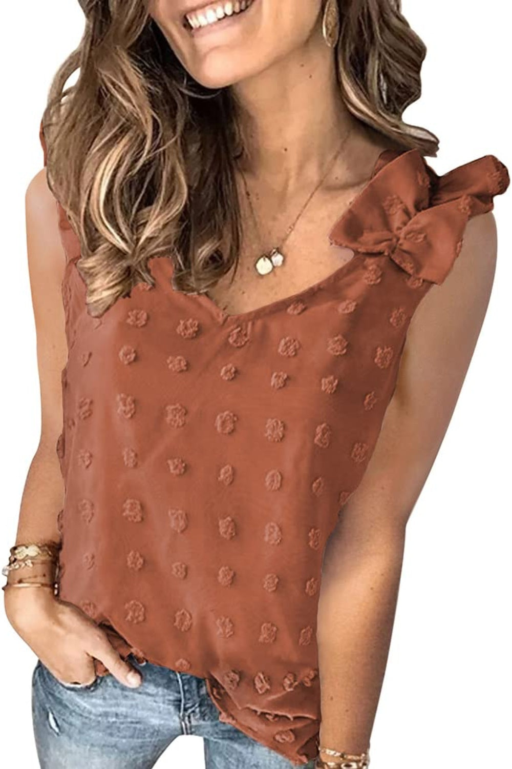 Blueberi B Women's  Full Size Swiss Dot V-Neck Tank Polyester Size S-3XL