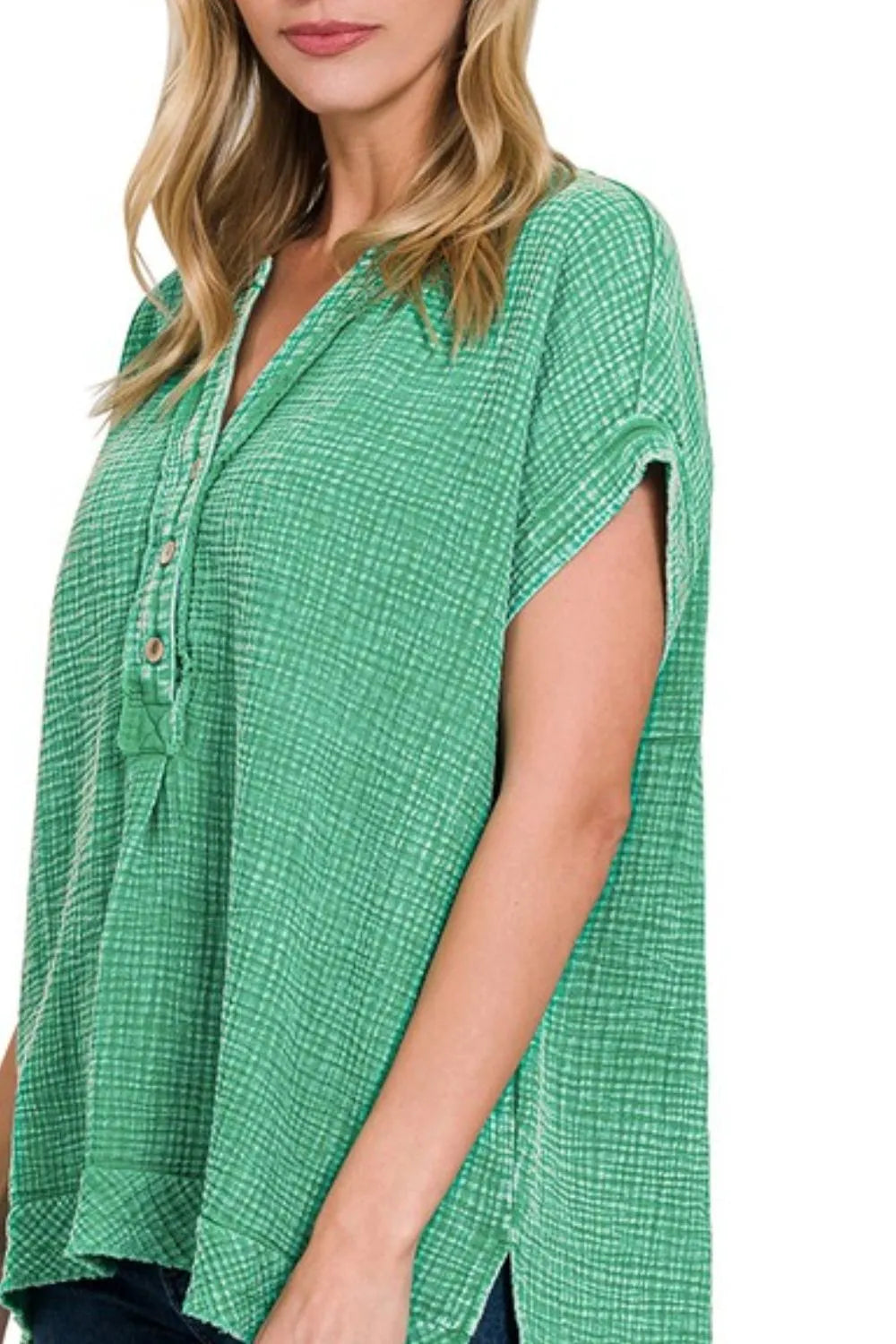 Zenana Women’s Washed Double Gauze 3/4 Button Henley Neck Short Sleeve Shirt Cotton Size S/M L/XL
