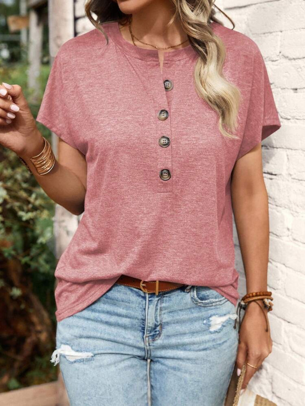 Blueberi B Women’s Half Button Short Sleeve Top Polyester Spandex Size S-2XL