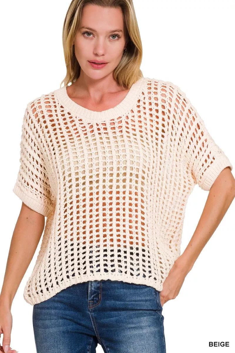 Zenana Fish Net Short Sleeve Crochet Knit Cover Up Cotton Sizes S/M L/XL