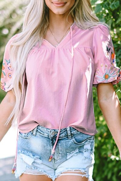 Blueberi B Women’s Floral Embroidered Puff Short Sleeve Blouse Viscose Polyester Polyamide Size S-XL