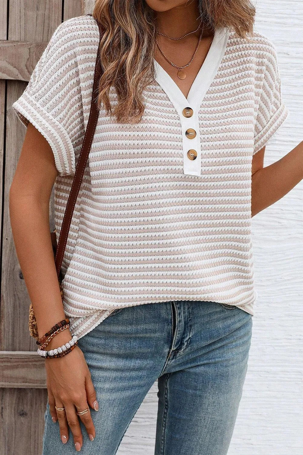 Blueberi B Women’s Stripe Buttoned Front V Neck T Shirt Polyester Elastane Size S-XL