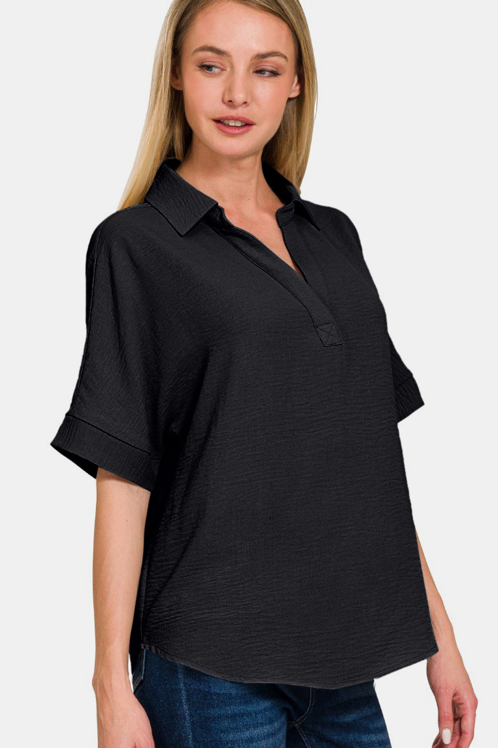 Zenana Women's Full Size Texture Collared Neck Short Sleeve Top Polyester Size S-3XL