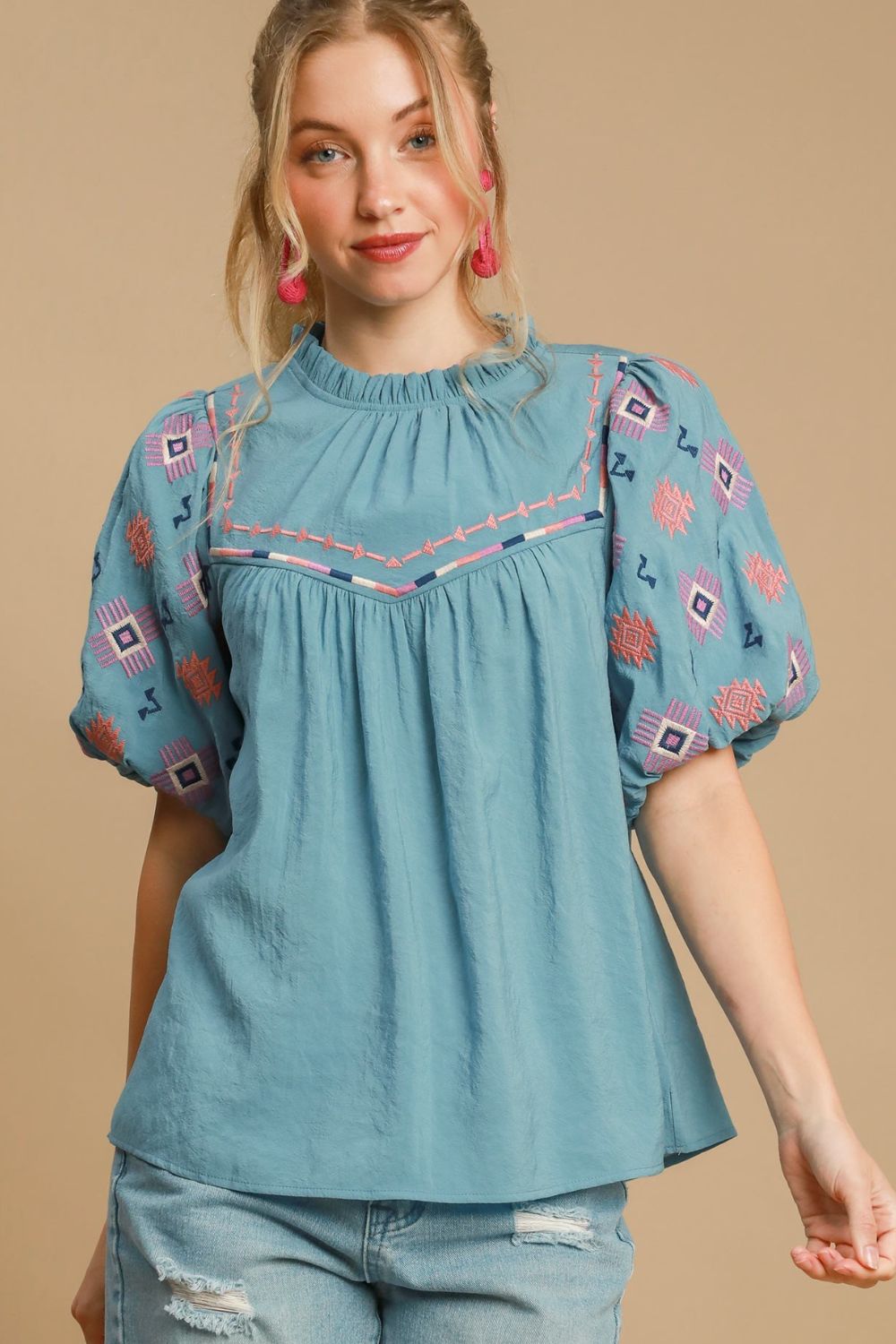 Umgee Women’s Full Size Embroidered Puff Sleeve Mock Neck Top Polyester Plus Size S-2XL