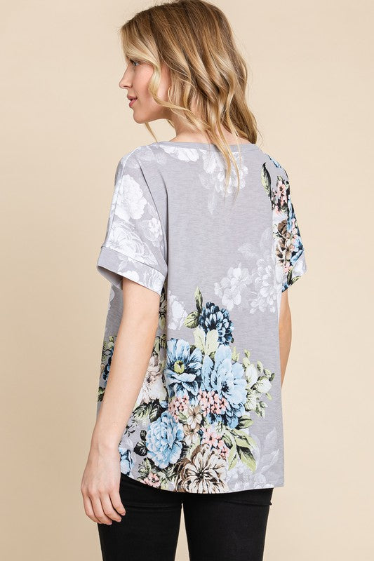 BOMBOM Women’s Floral Round Neck Short Sleeve T-Shirt Polyester Spandex S-XL