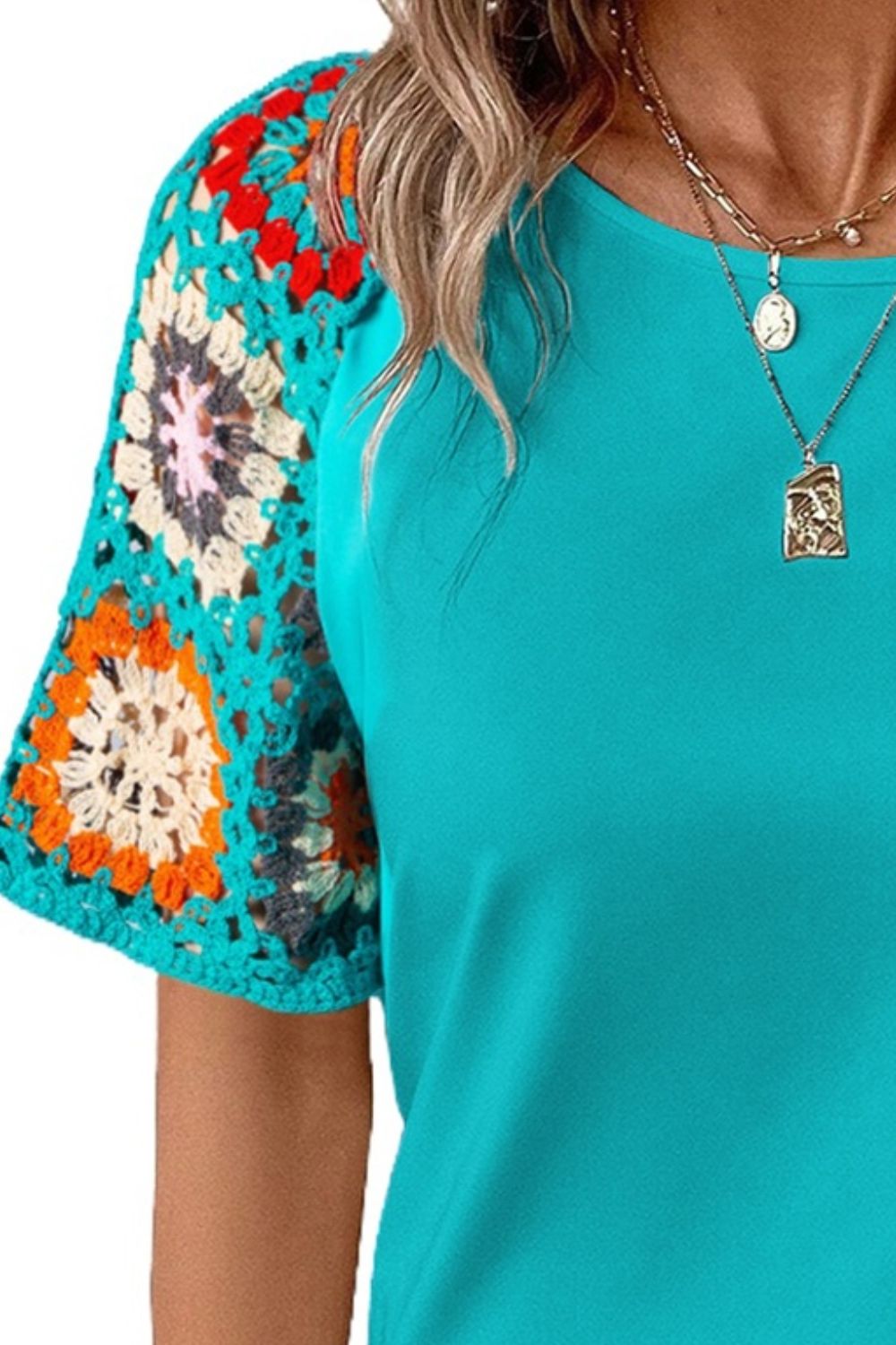 Blueberi B Women's Geometric Round Neck Short Sleeve Blouse Polyester Elastane Size S-XL