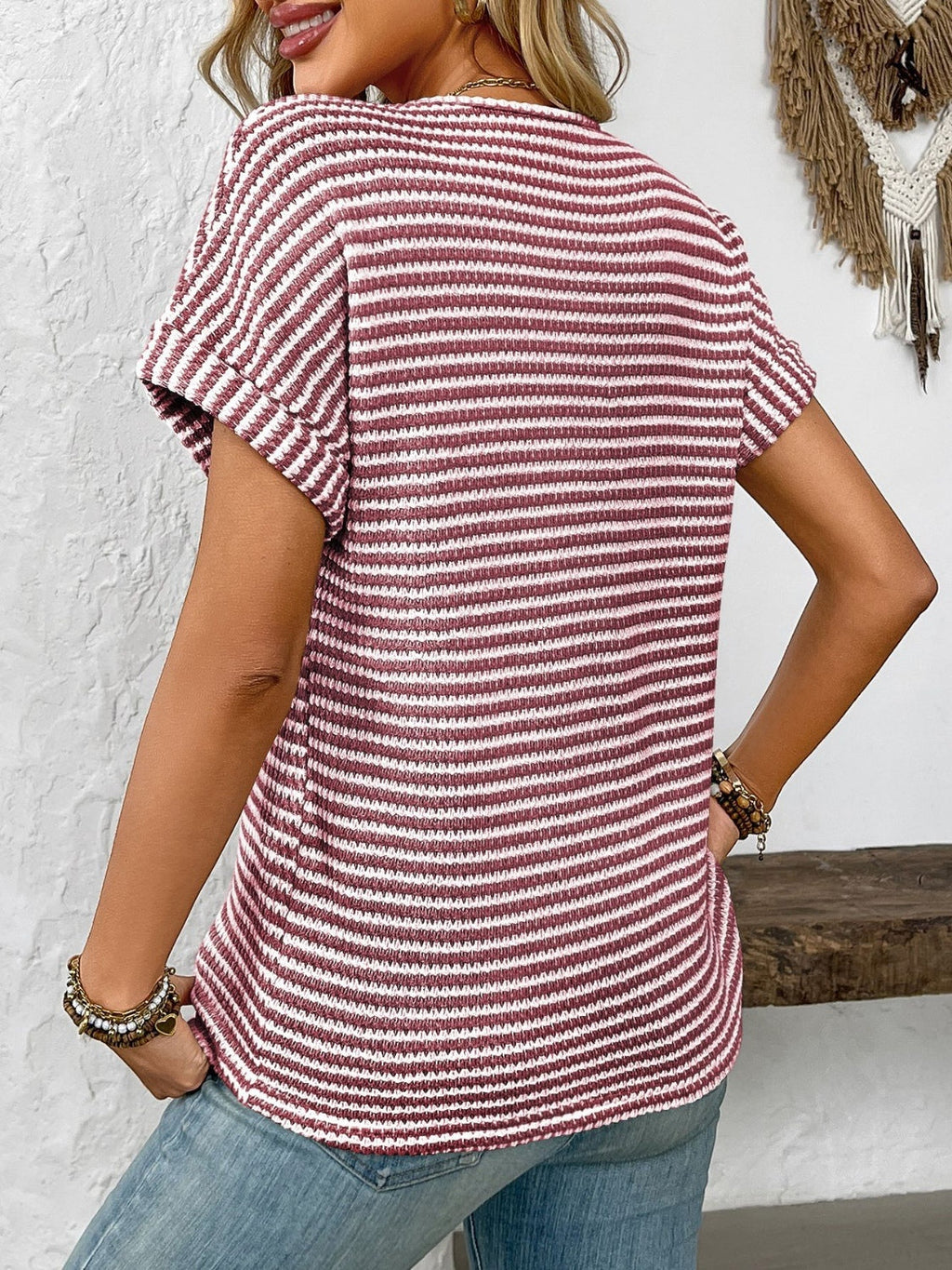 Blueberi B Women’s Striped Notched Short Sleeve T-Shirt Polyester Elastane S-2XL