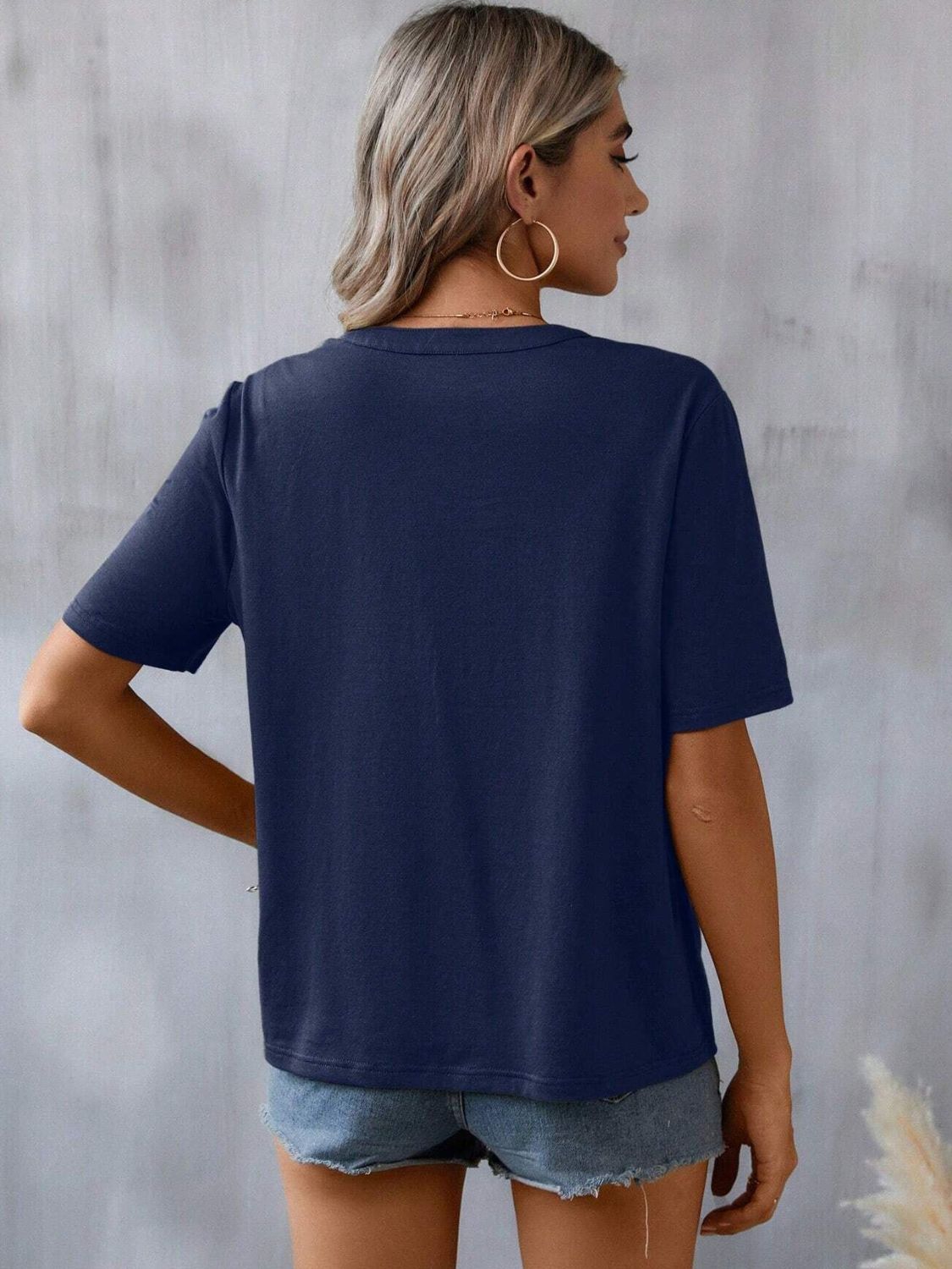Blueberi B Women's Embroidered Notched Short Sleeve T-Shirt Polyester Elastane Size S-2XL