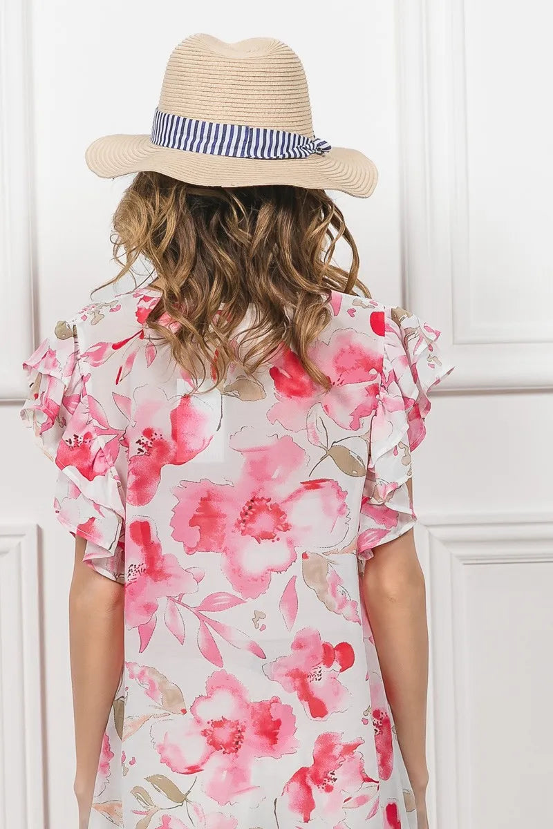 BiBi Women’s Floral Print Short Flutter Sleeve Sheer Top Polyester Cotton S-XL