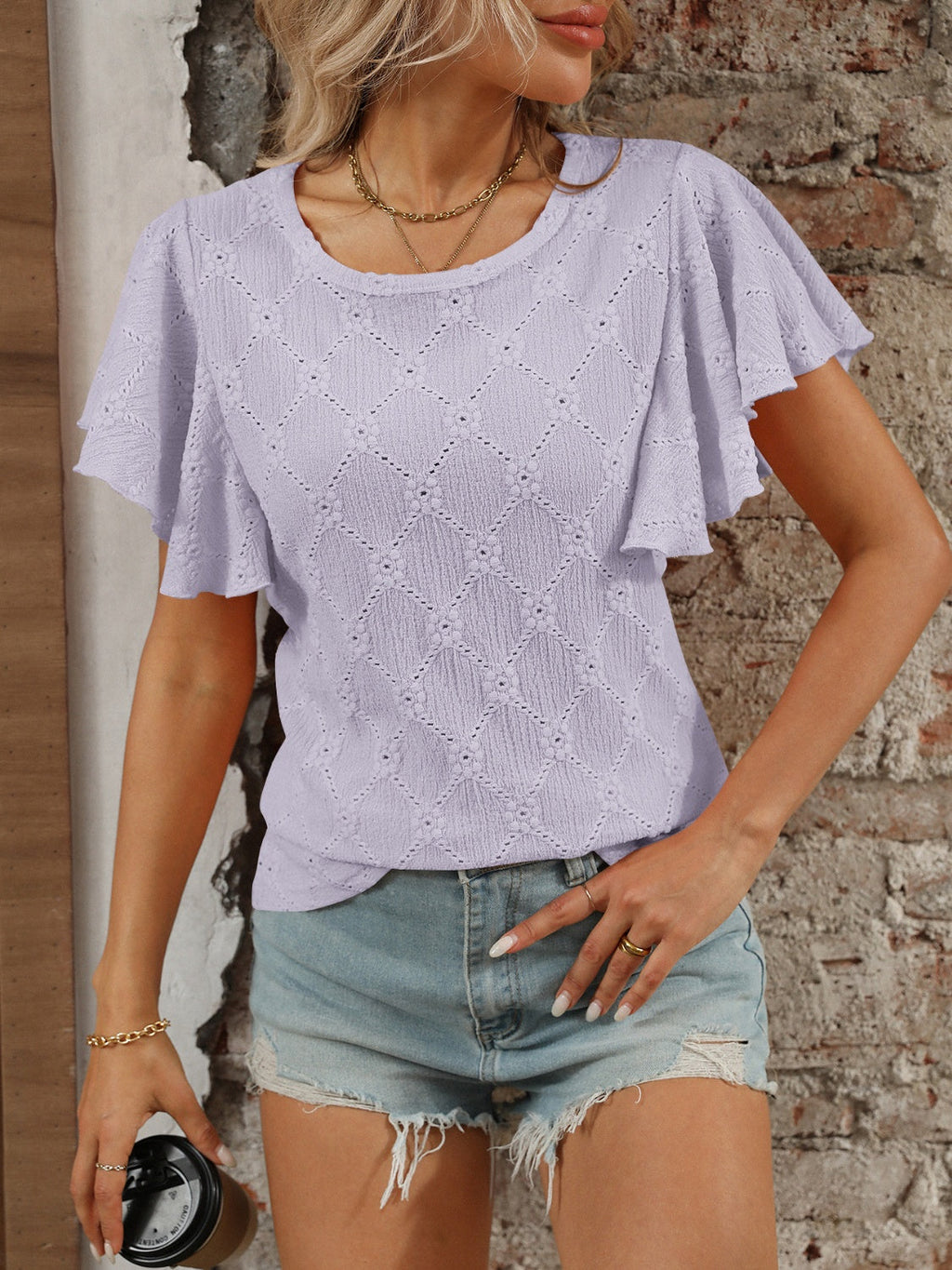 Blueberi B Women’s Eyelet Round Neck Flutter Sleeve Top Polyester Viscose Elastane Size Size S-2XL