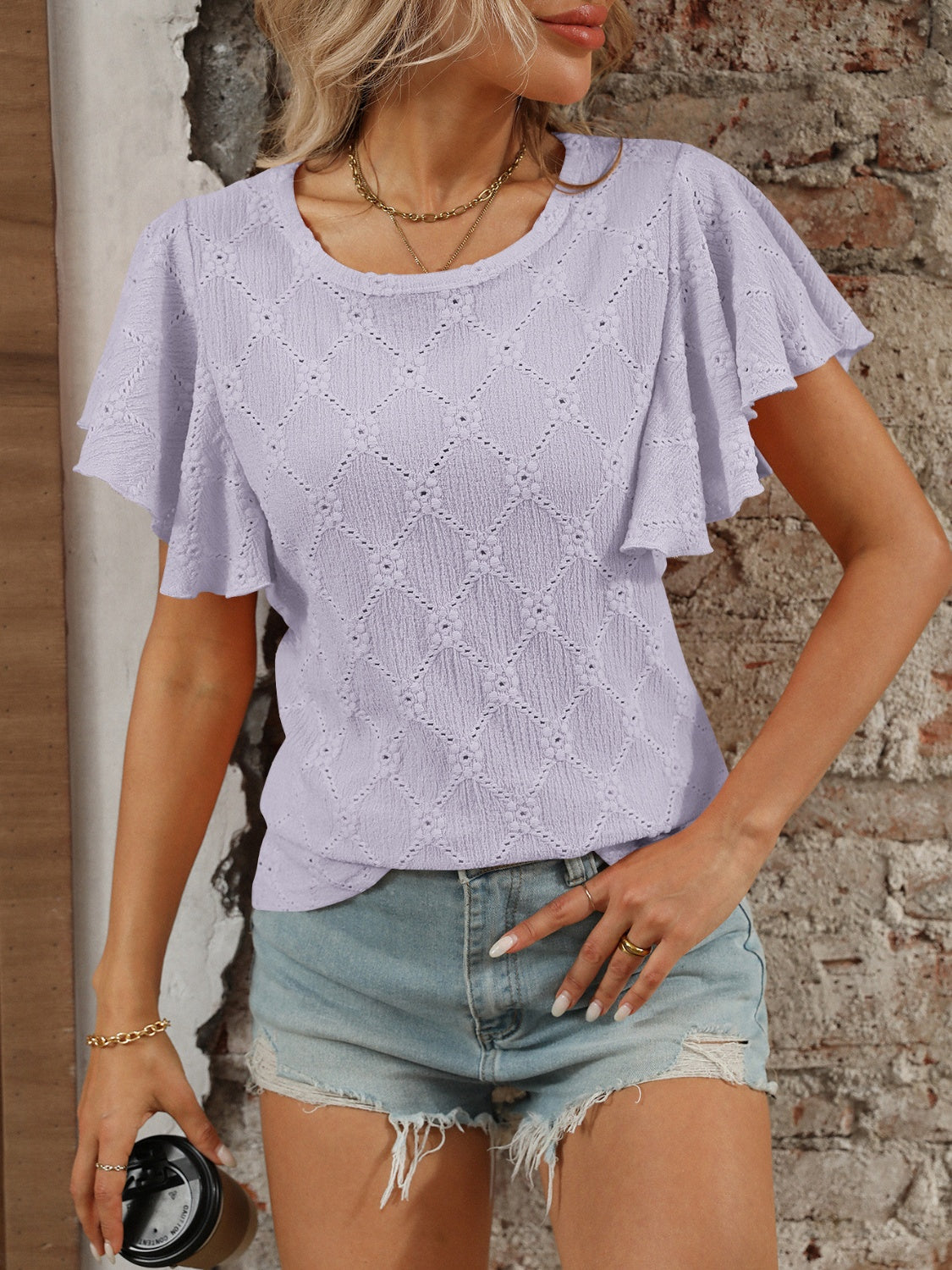 Blueberi B Women’s Eyelet Round Neck Flutter Sleeve Top Polyester Viscose Elastane Size Size S-2XL