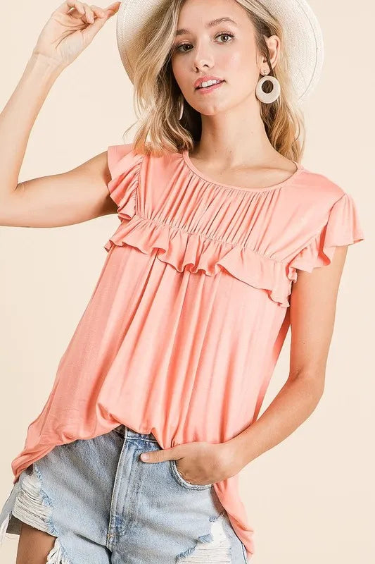 BiBi  Women’s Jersey Knit Short Sleeve Gathered Top with Ruffles Polyester S-XL