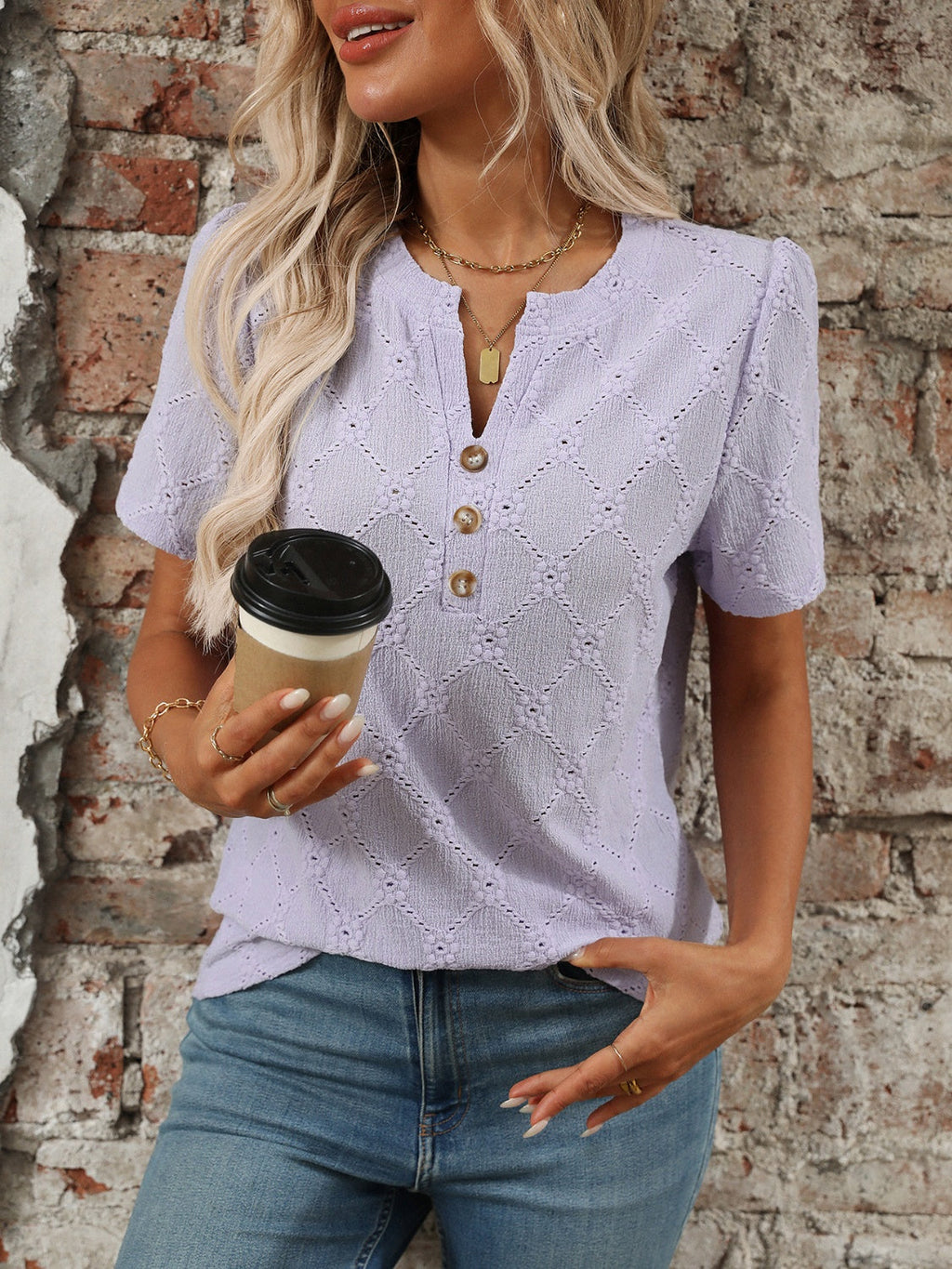 Blueberi B Women’s Eyelet Notched Short Sleeve Top Polyester Viscose Elastane Size S-2XL