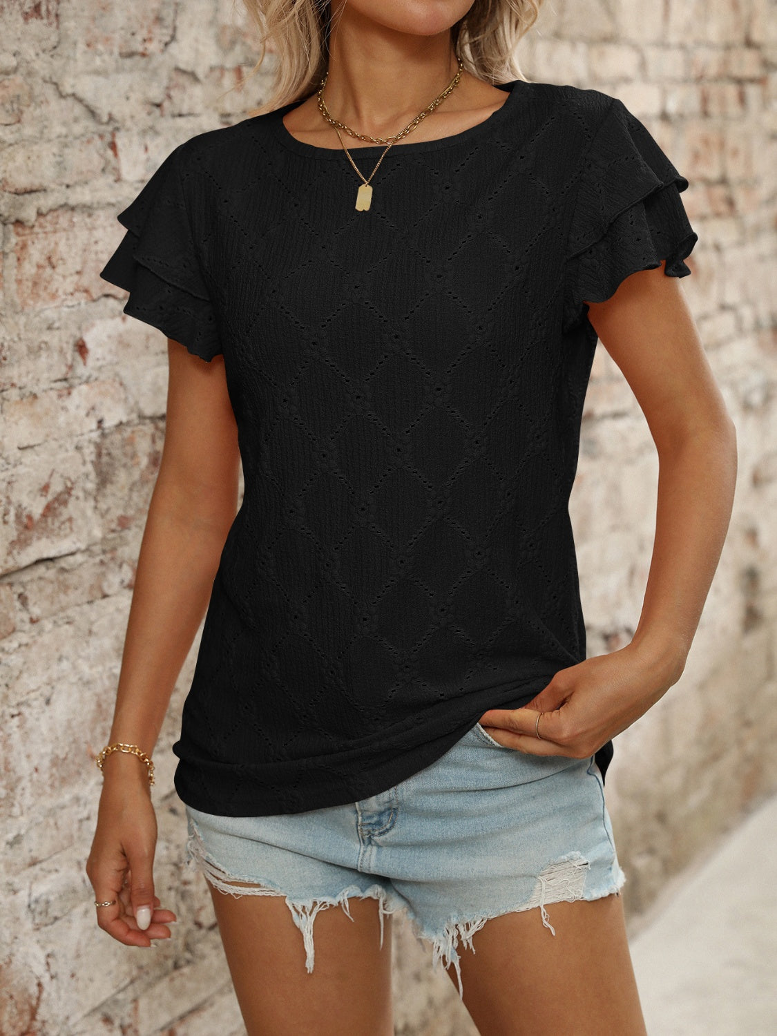 Blueberi B Women’s Eyelet Round Neck Double Layered Ruffled Short Sleeve Top Polyester Viscose Elastane Size S-2XL