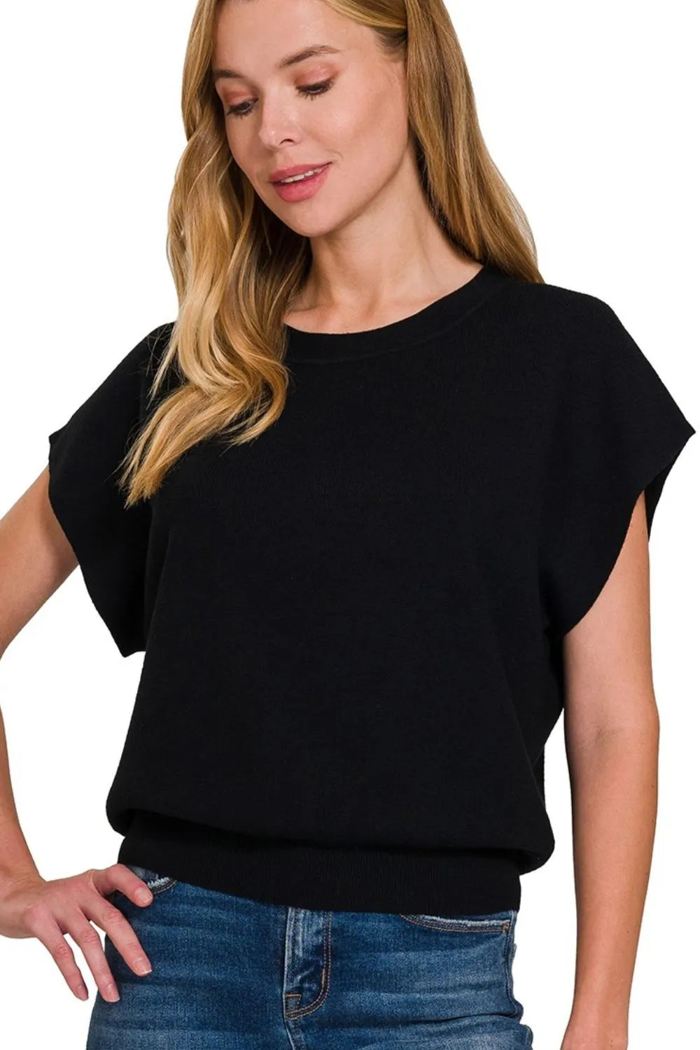 Zenana Women’s Round Neck Short Dolman Sleeve Sweater Viscose Nylon Polyester Size S-L