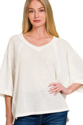 Zenana Women’s Brushed Waffle Exposed-seam 3/4 Sleeve Top Polyester Rayon Spandex Size S/M L/XL