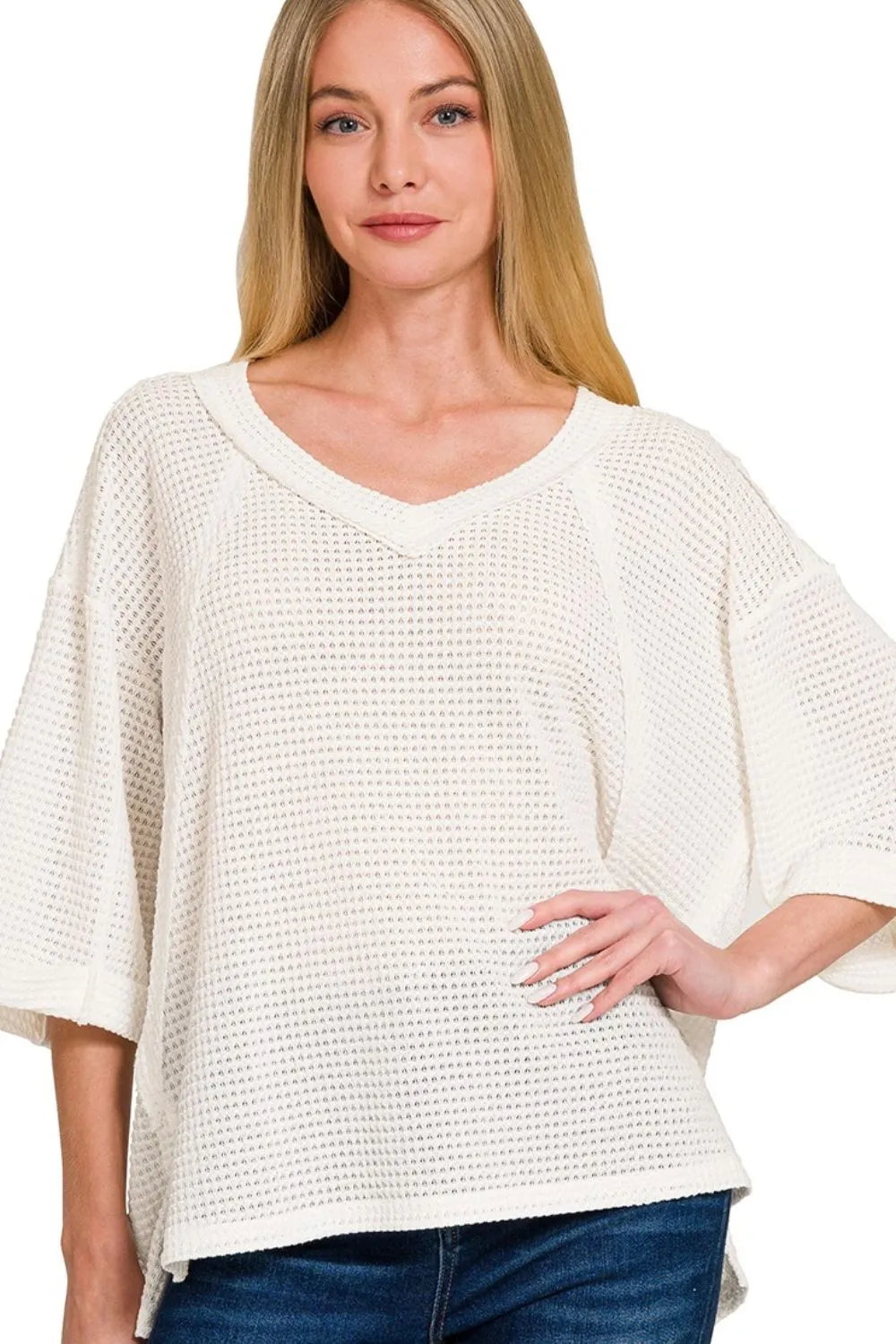 Zenana Women’s Brushed Waffle Exposed-seam 3/4 Sleeve Top Polyester Rayon Spandex Size S/M L/XL