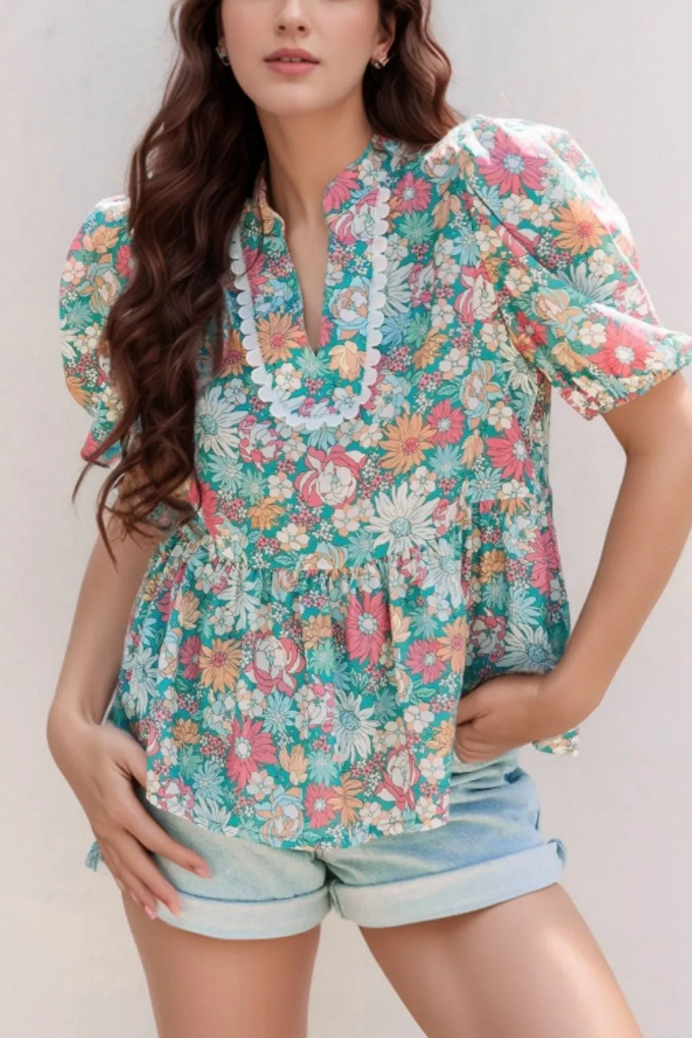 Blueberi B Women’s Multicolor Crochet V Neck Half Sleeve Boho Floral Blouse Polyester Size S-XL
