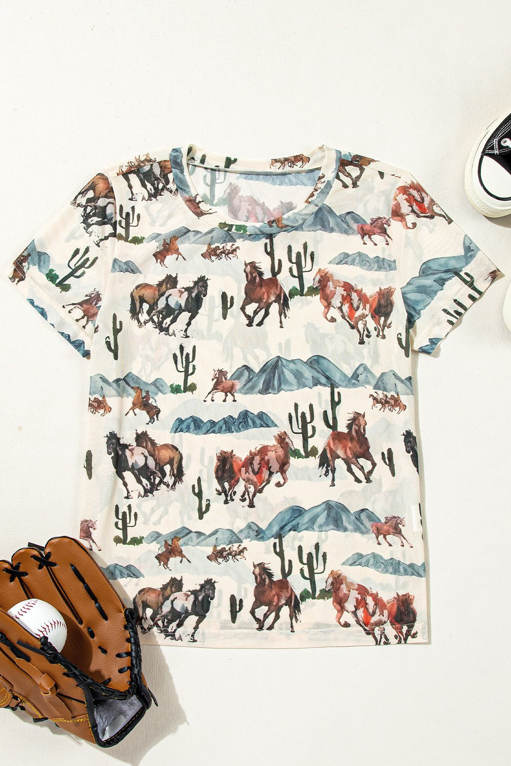 Blueberi B Women’s Western Fashion Mustang River Printed Mesh T Shirt Polyester Elastane Size S-XL