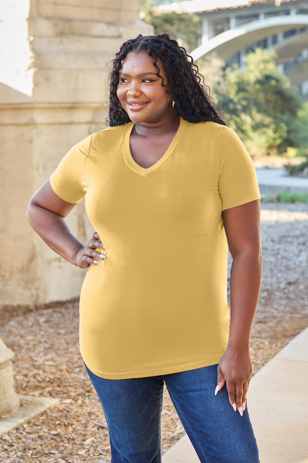 Basic Bae Women’s Bamboo Full Size  V-Neck Short Sleeve T-Shirt Bamboo Spandex Size S-3XL