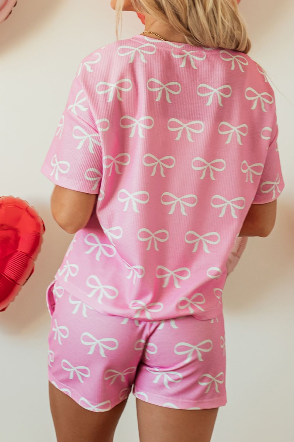 Blueberi B Women’s Bowknot Printed Notched Short Sleeve T-Shirt and Shorts Set Polyester S-XL