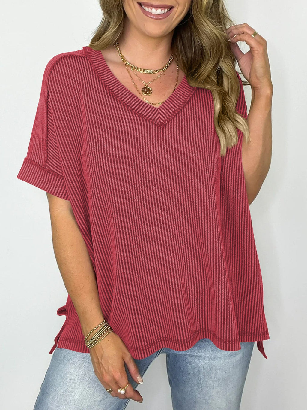 Blueberi B Women’s Cord Ribbed V-Neck Short Sleeve T-Shirt Rayon Polyester Spandex Size 2-2XL