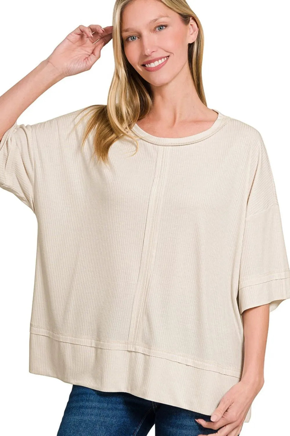 Zenana Women’s Ribbed Boat Neck 3/4 Sleeve Top Polyester Rayon Spandex Size S/M L/XL