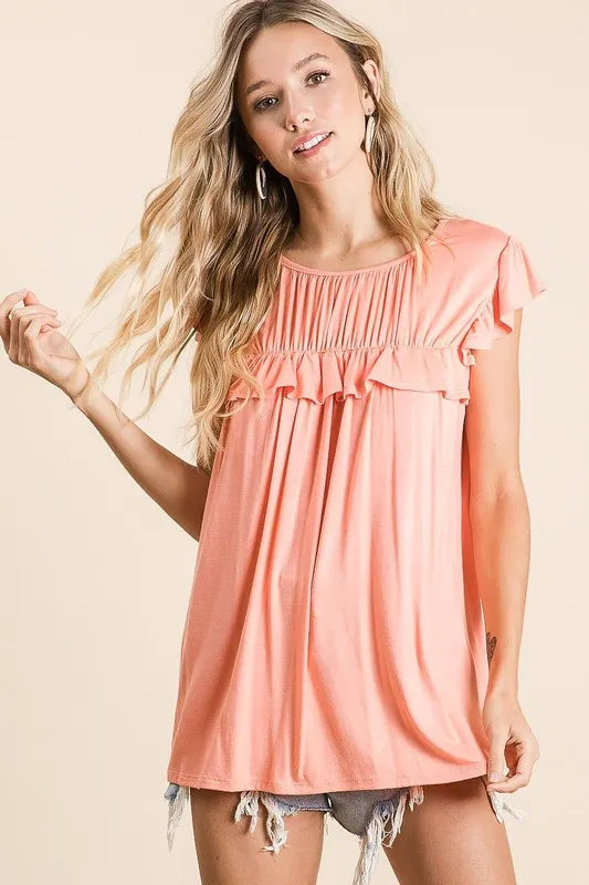 BiBi  Women’s Jersey Knit Short Sleeve Gathered Top with Ruffles Polyester S-XL