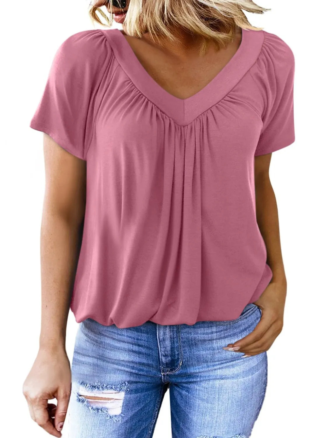 Blueberi B Women’s V-Neck Short Sleeve T-Shirt Polyester Viscose Elastane Size S-2XL