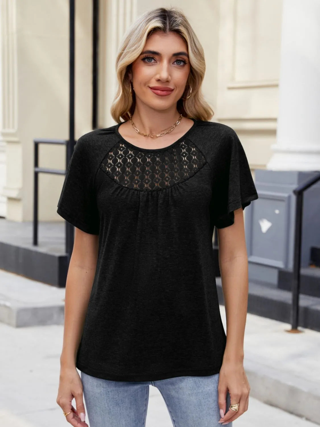 Blueberi B Women’s Lace Detail Round Neck Short Sleeve Blouse Polyester Elastane Size S-2XL
