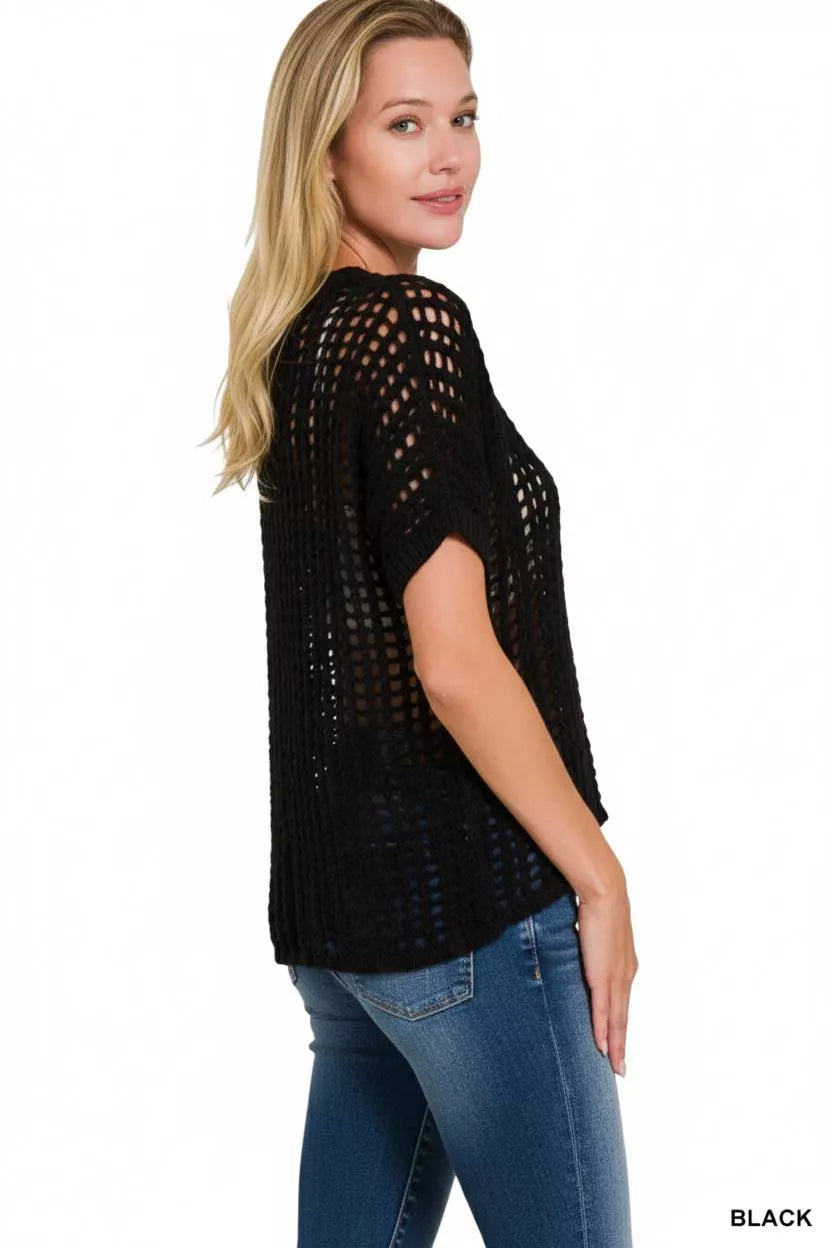Zenana Fish Net Short Sleeve Crochet Knit Cover Up Cotton Sizes S/M L/XL