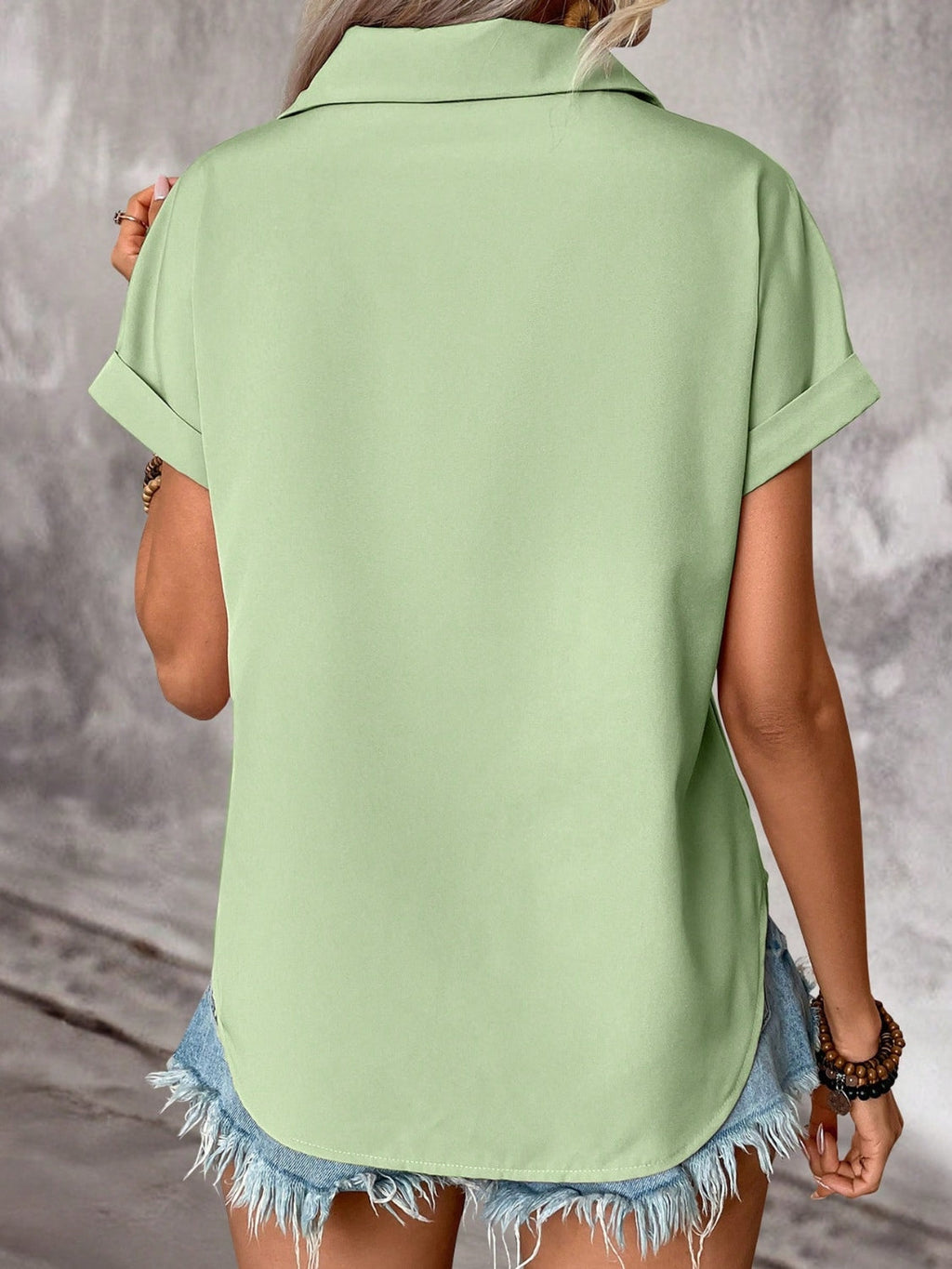 Blueberi B Women’s Pleated Detail Collared Neck Short Sleeve Shirt Polyester Size S-2XL