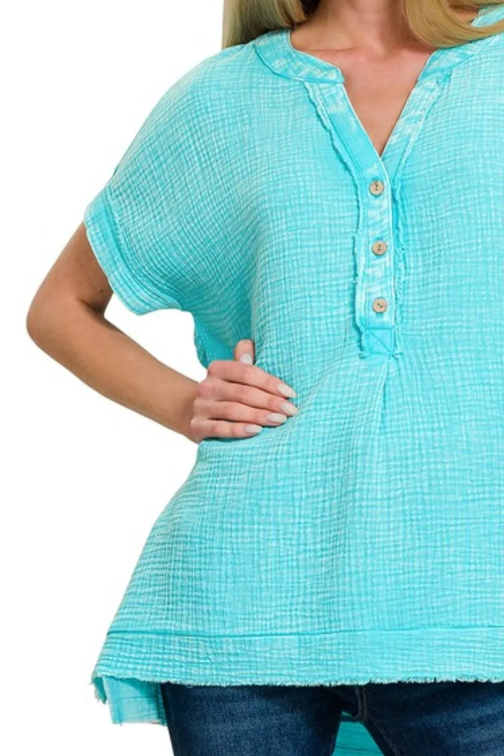 Zenana Women’s Short Sleeve Washed Double Gauze 3/4 Button Henley Neck Shirt Cotton S/M L/XL