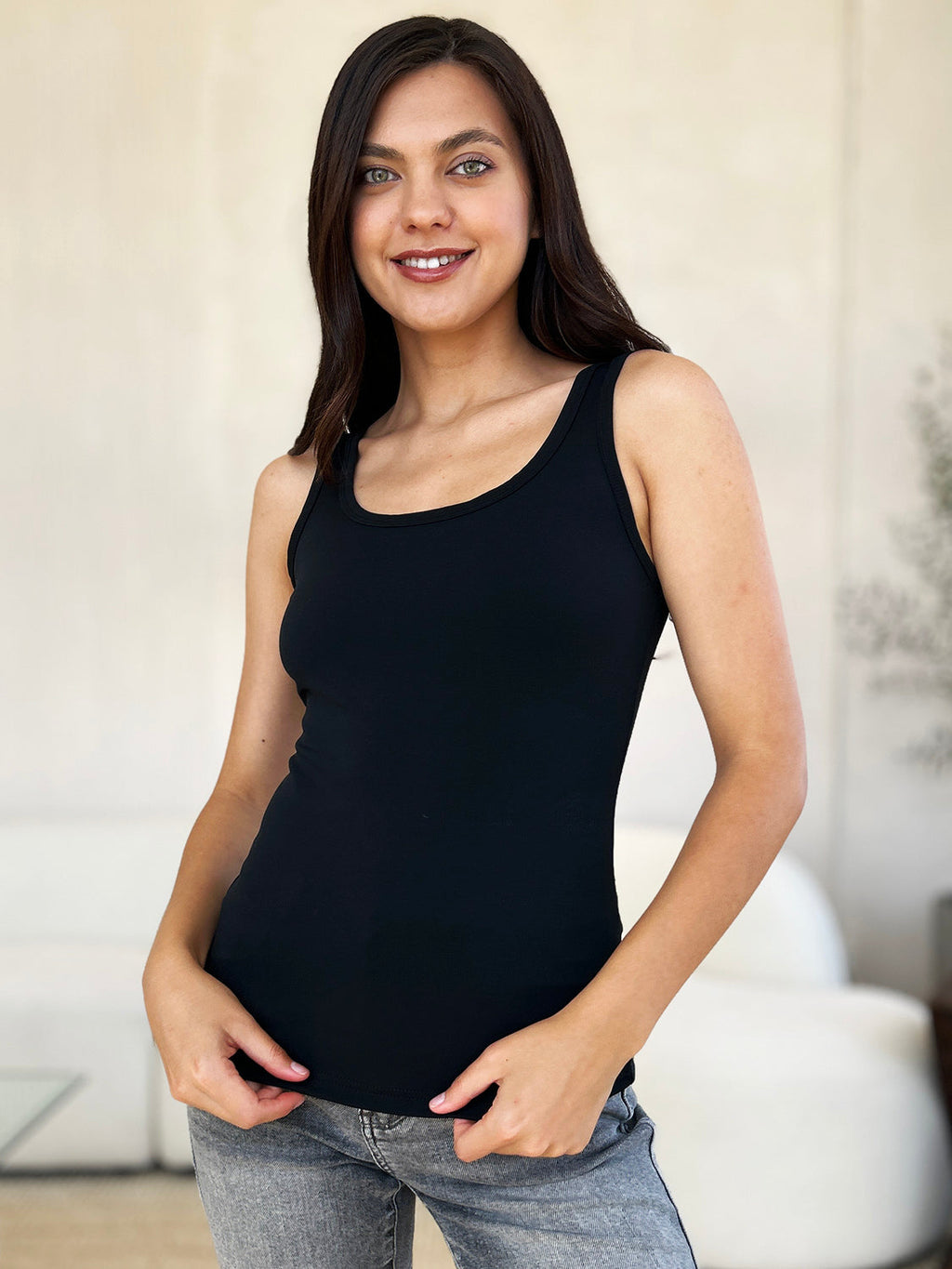 Basic Bae Women’s Full Size Square Neck Wide Strap Tank Nylon Spandex Size S-3XL