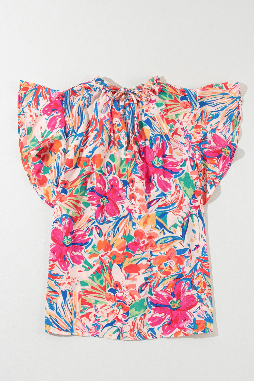 Blueberi B Women's Ruffled Printed Tie Neck Cap Sleeve Blouse Polyester S-XL