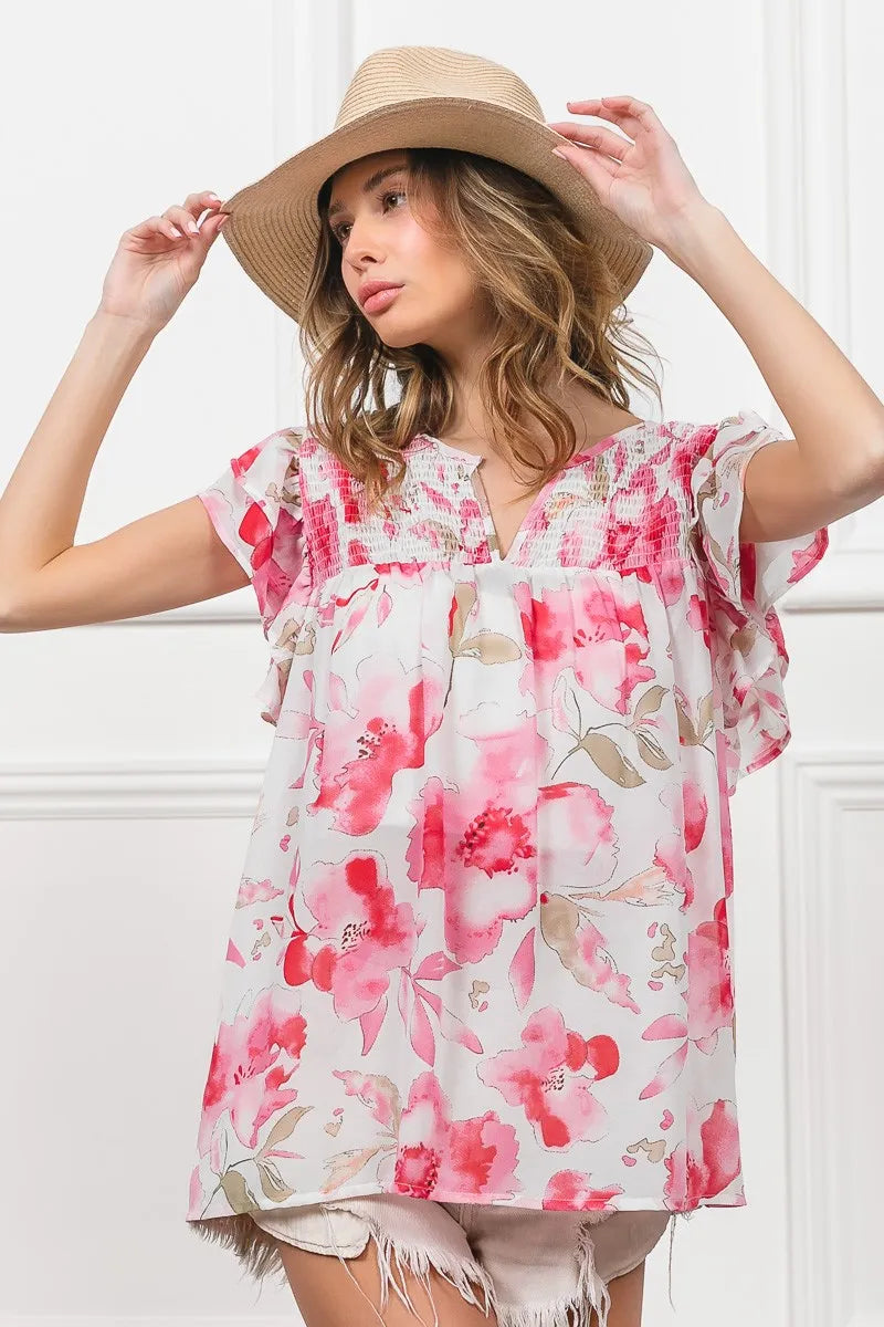 BiBi Women’s Floral Print Short Flutter Sleeve Sheer Top Polyester Cotton S-XL
