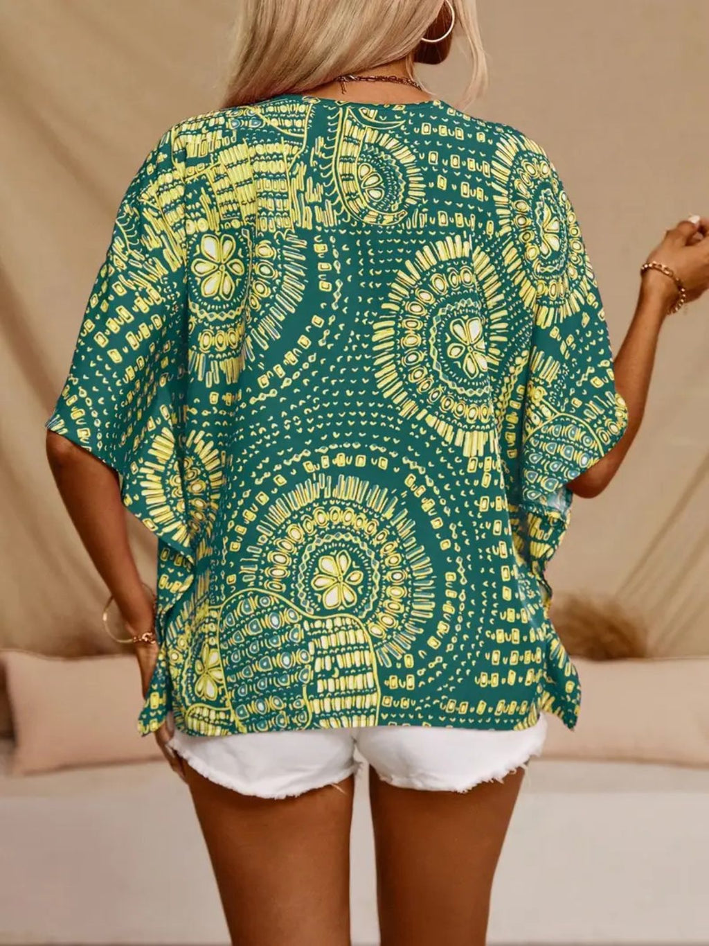 Blueberi B Women’s Printed V-Neck Half Sleeve Top Polyester Spandex S-2XL