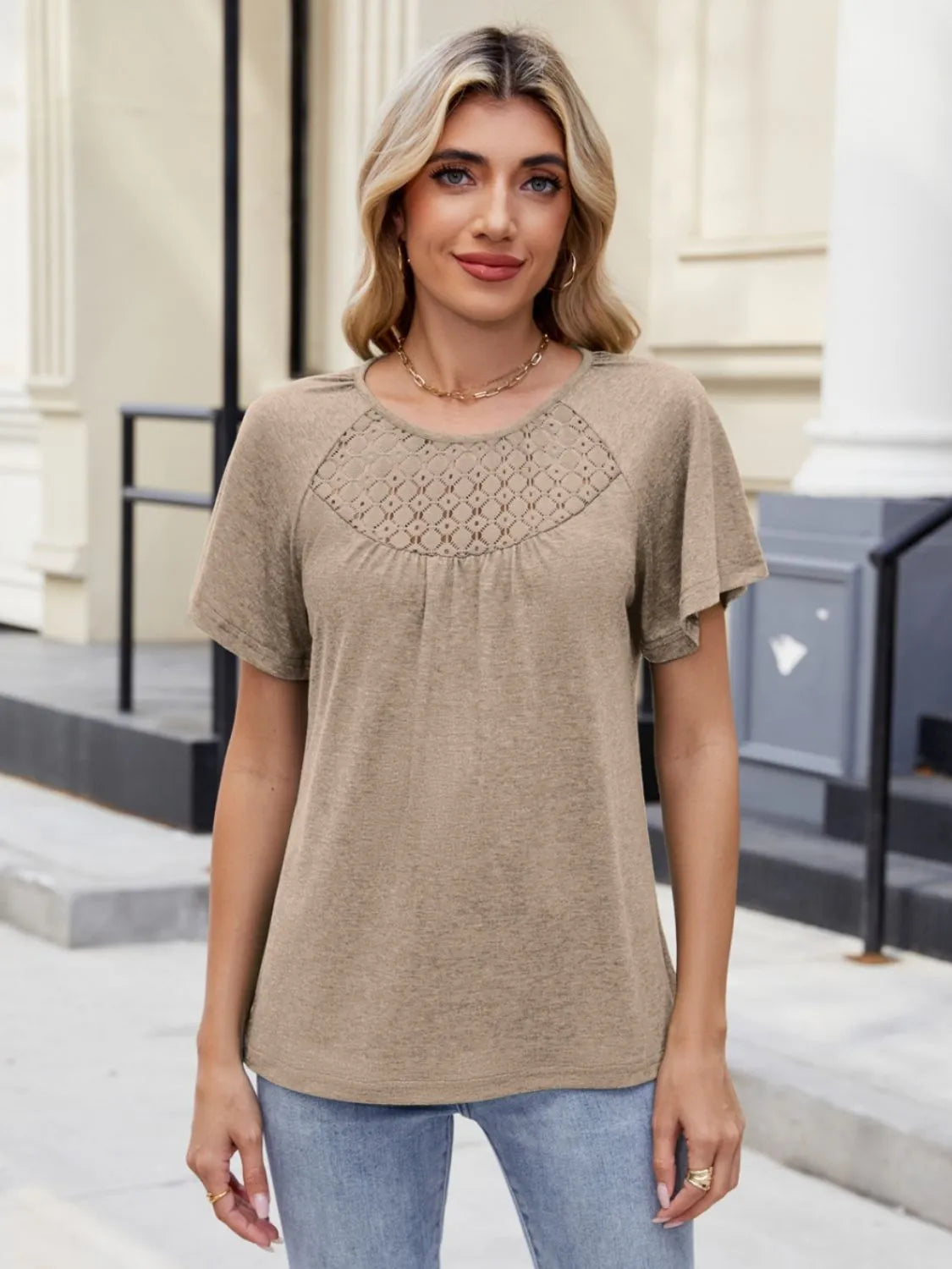 Blueberi B Women’s Lace Detail Round Neck Short Sleeve Blouse Polyester Elastane Size S-2XL