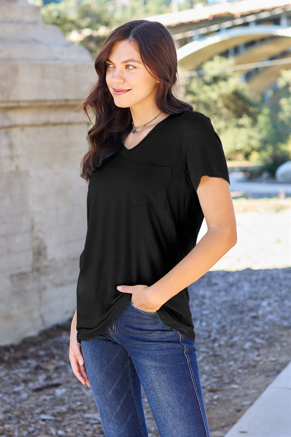 Basic Bae Women’s Bamboo Full Size  V-Neck Short Sleeve T-Shirt Bamboo Spandex Size S-3XL
