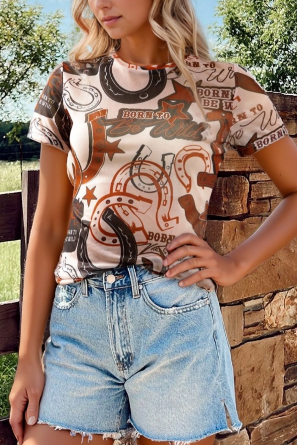 Blueberi B Women’s Western Horseshoe Printed Mesh Short Sleeve T Shirt Polyester Elastane S-XL